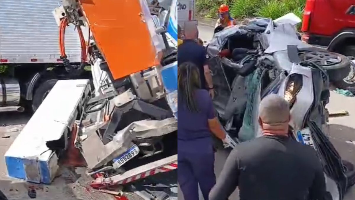 Grave acidente entre caminhões e carro deixa vítimas presas às ferragens na BR-101