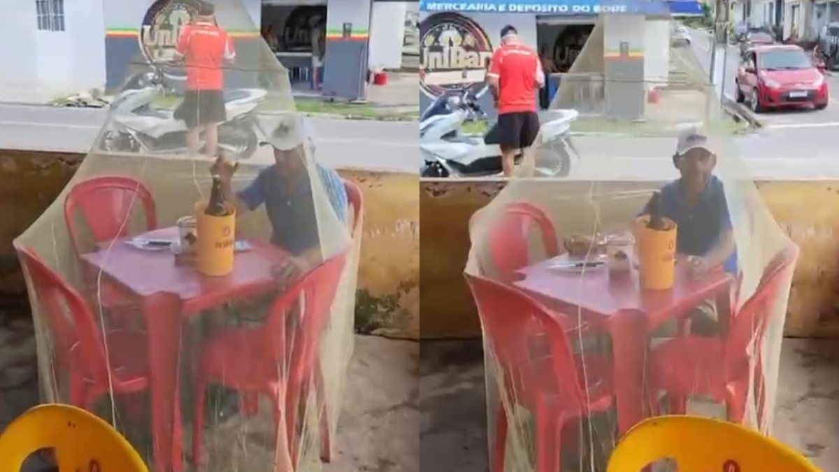 Cliente usa mosquiteiro para beber cerveja em bar em Alagoas