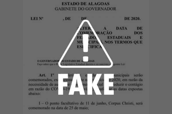 Imagem de Projeto de Lei com antecipação de feriados em Alagoas é falsa