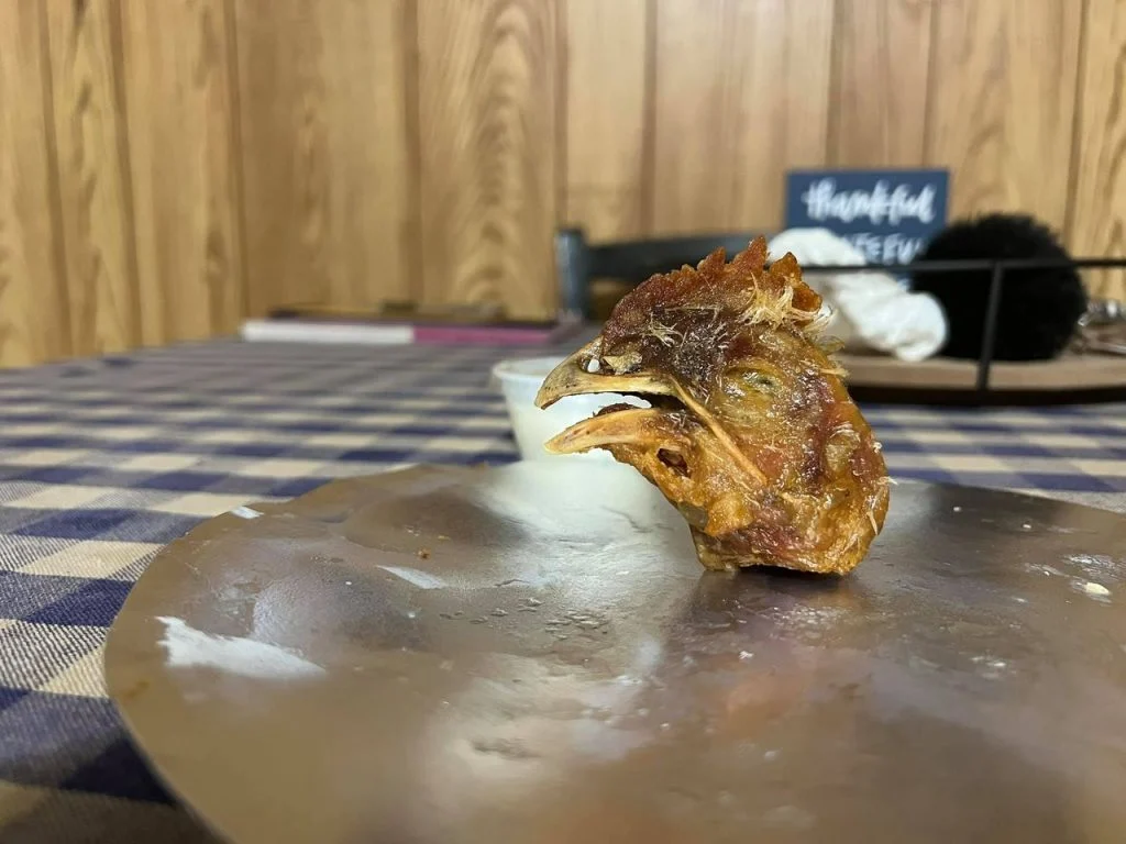 Mulher encontra cabeça de galinha em balde de frango frito