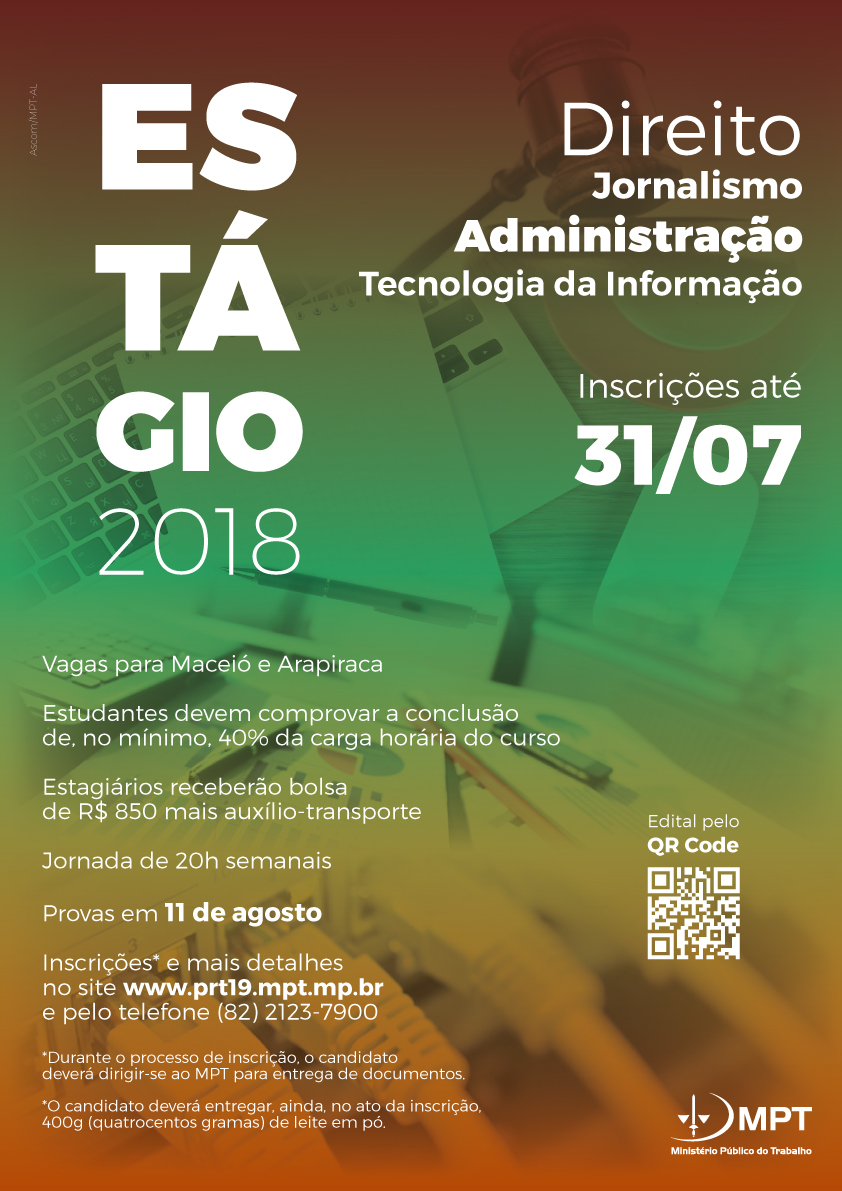 Inscrições para estágio no MPT terminam nesta terça, 31