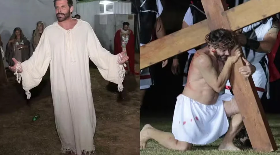 Figurino de Henri Castelli pega fogo durante Paixão de Cristo em SP