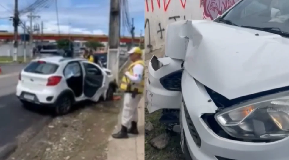 Motorista se distrai com GPS, bate em poste e destrói frente do carro, em Maceió