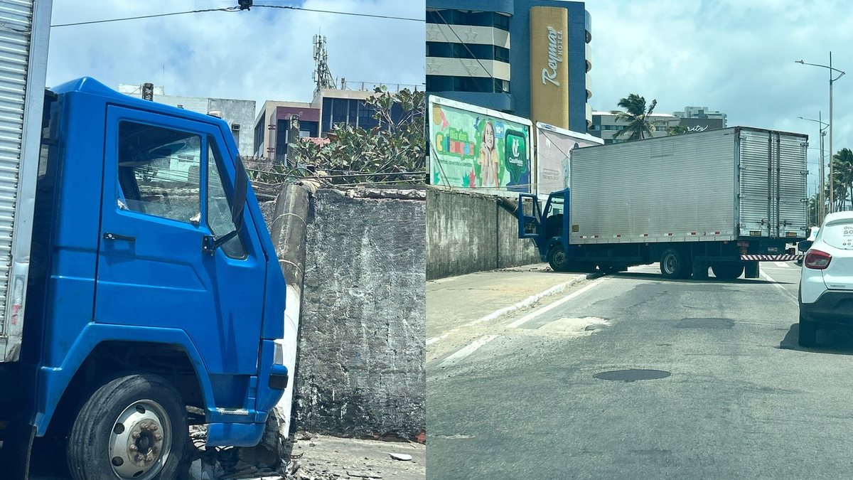 Caminhão-baú derruba poste e bate em muro na orla de Cruz das Almas
