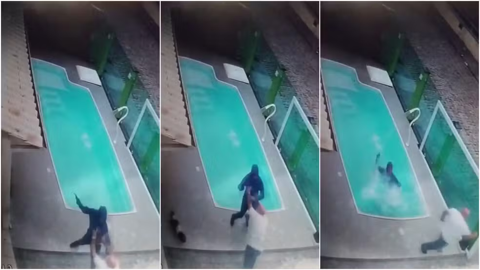 Assaltante cai em piscina durante roubo e vítima consegue fugir