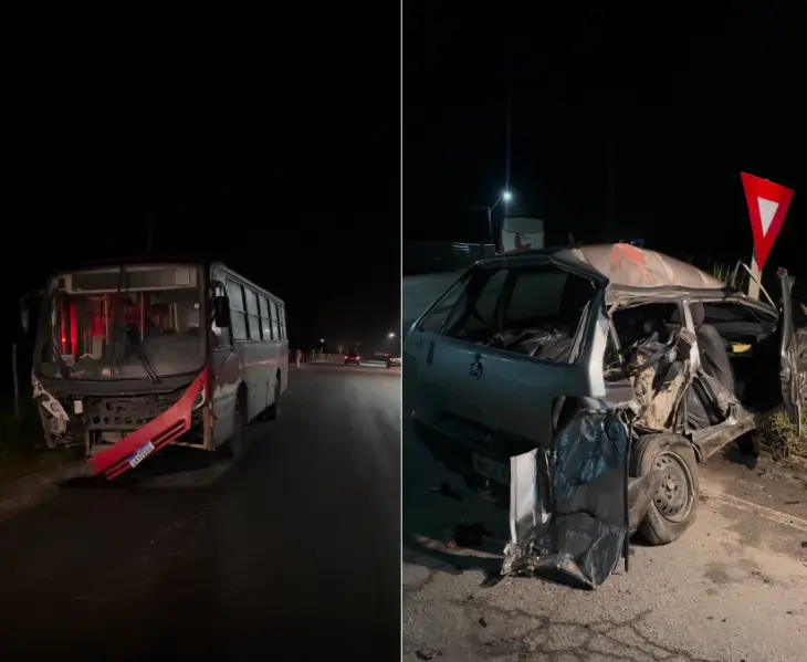 Ônibus com trabalhadores rurais colide com carro na BR-424, em Cajueiro
