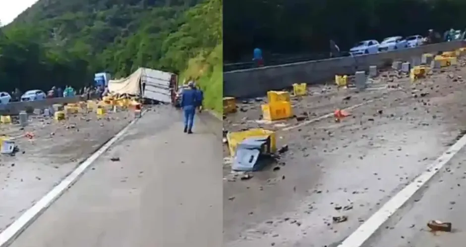 Carreta com carga de cerveja tomba na BR-101 e parte da carga é saqueada
