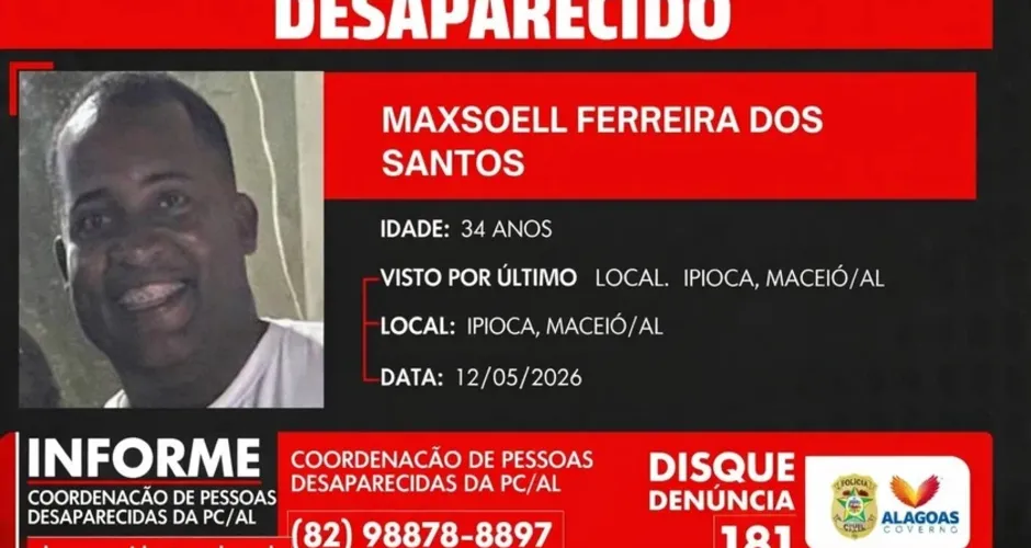 PC pede ajuda para localizar homem que desapareceu após sair para festa, em Maceió