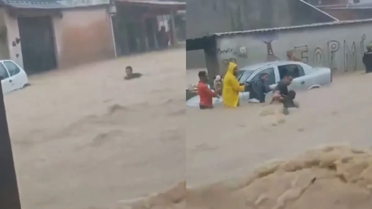 Homem é salvo por corrente humana após ser arrastado por enchente