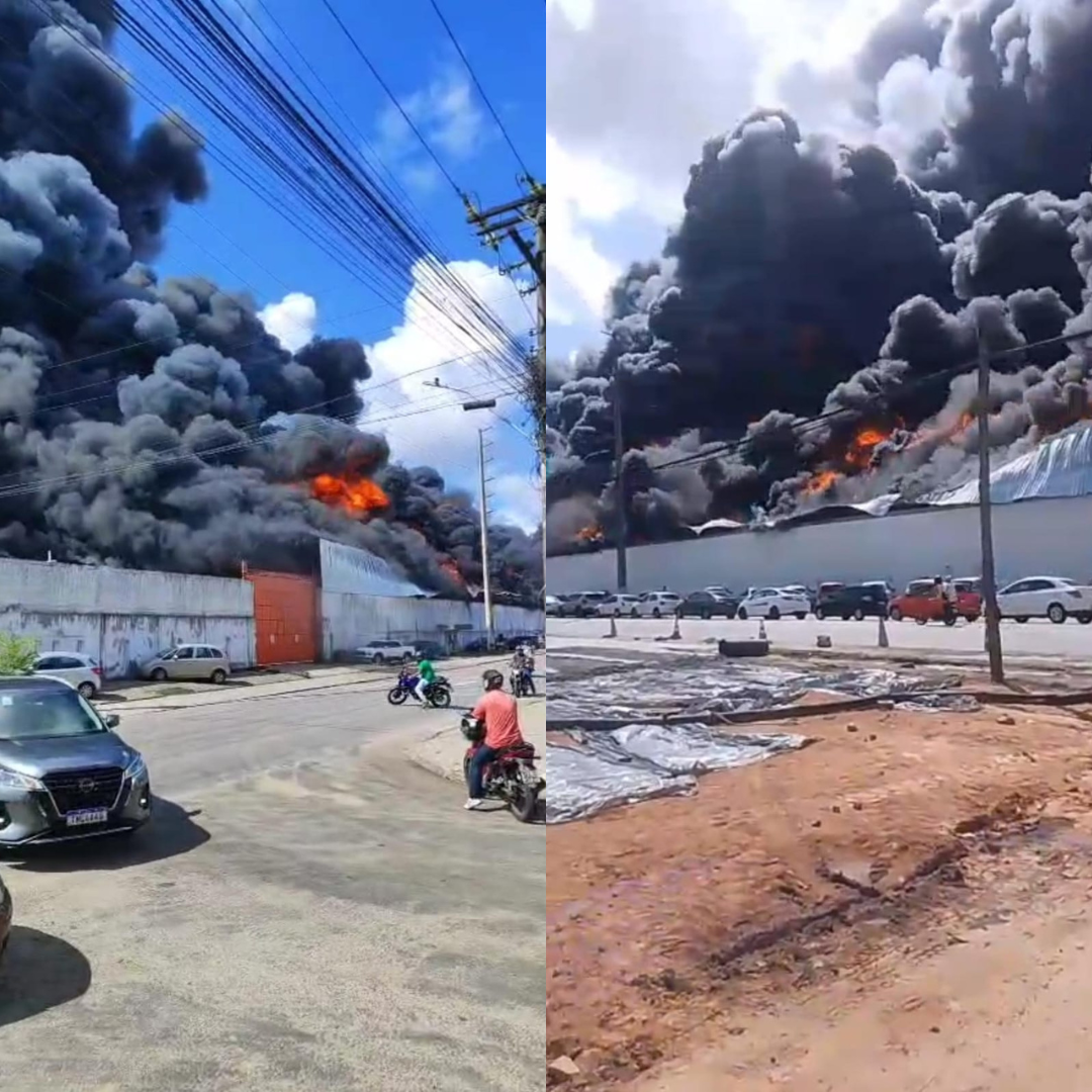 Incêndio de grandes proporções atinge fábrica no antigo Distrito Industrial, em Maceió