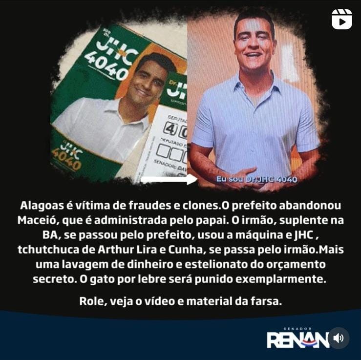 Renan Calheiros acusa dr.JHC de participação no orçamento secreto: 'Tchutchuca de Arthur Lira e Cunha'