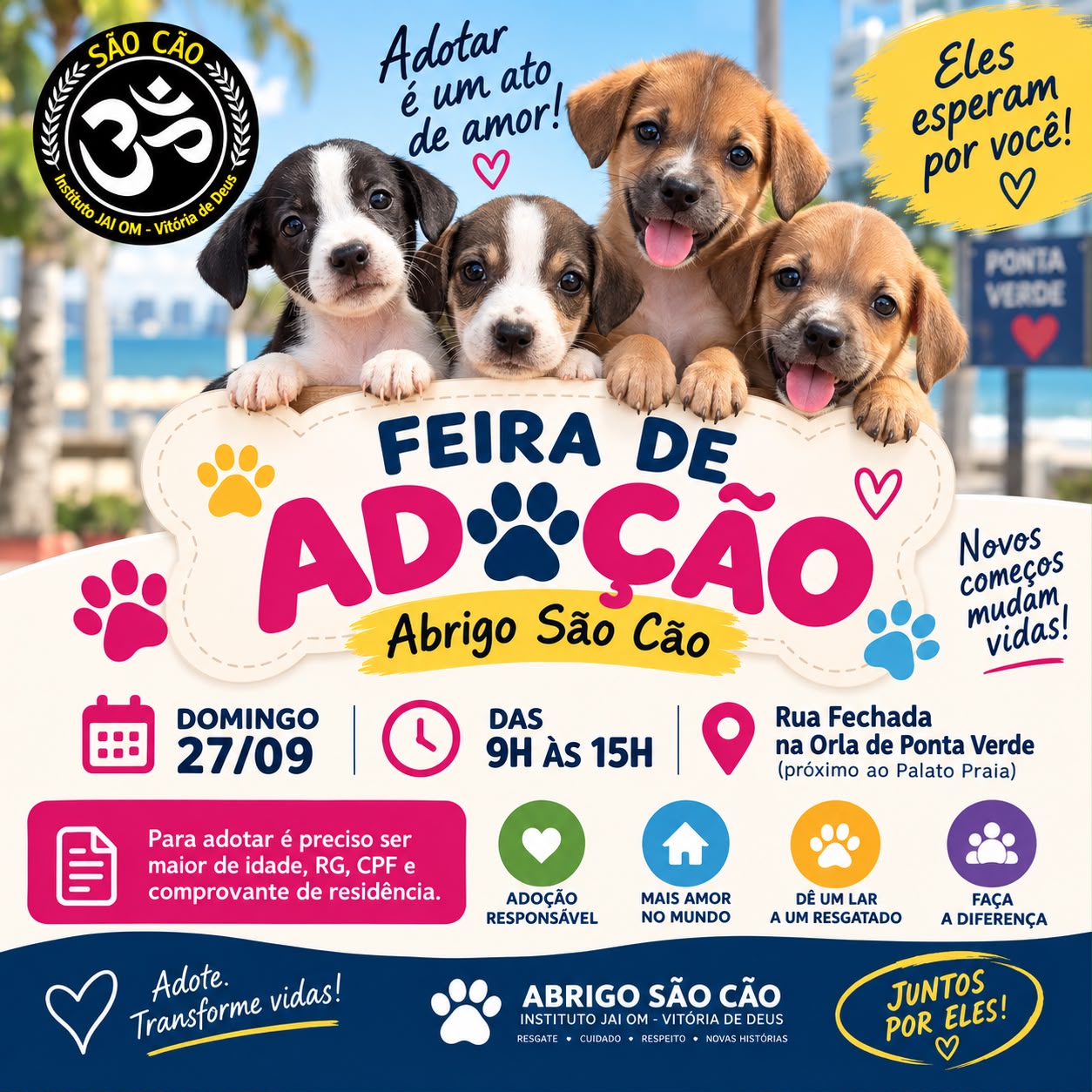 Feira de Adoção do Abrigo São Cão acontece neste domingo, na orla de Ponta Verde