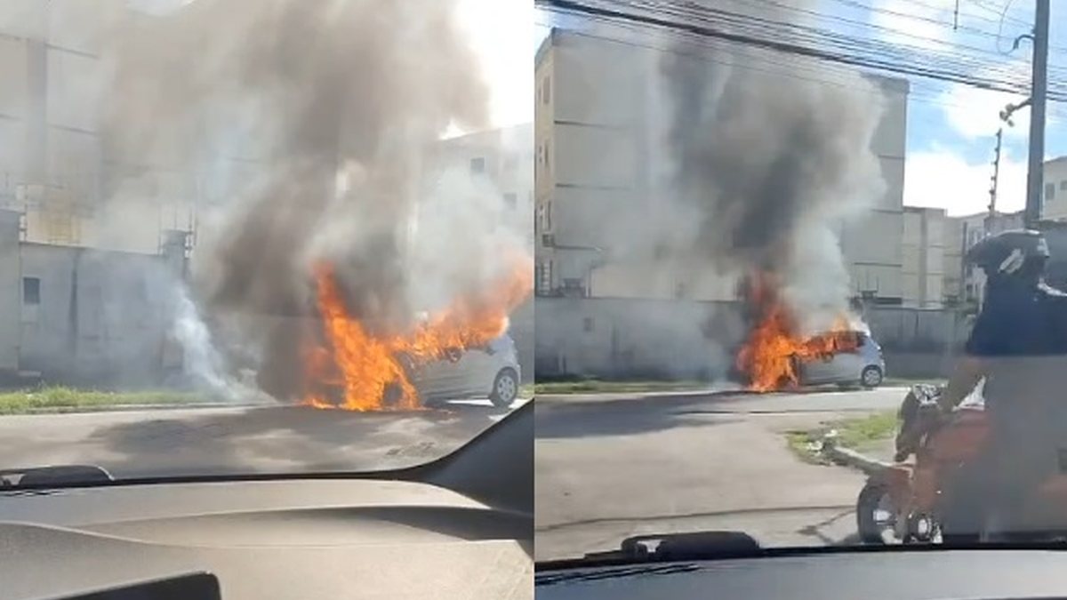 Veículo fica em chamas e sofre perda total no meio da rua no Salvador Lyra