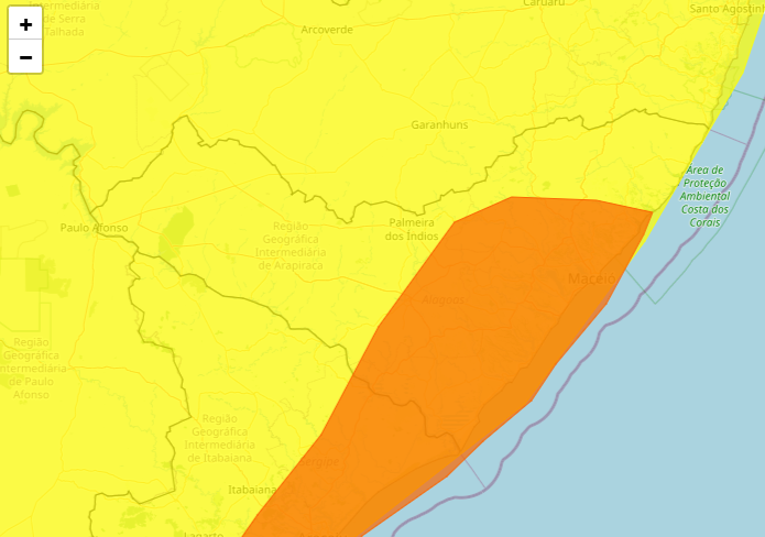 ﻿Inmet emite dois alertas de chuvas intensas para todo estado de AL; confira