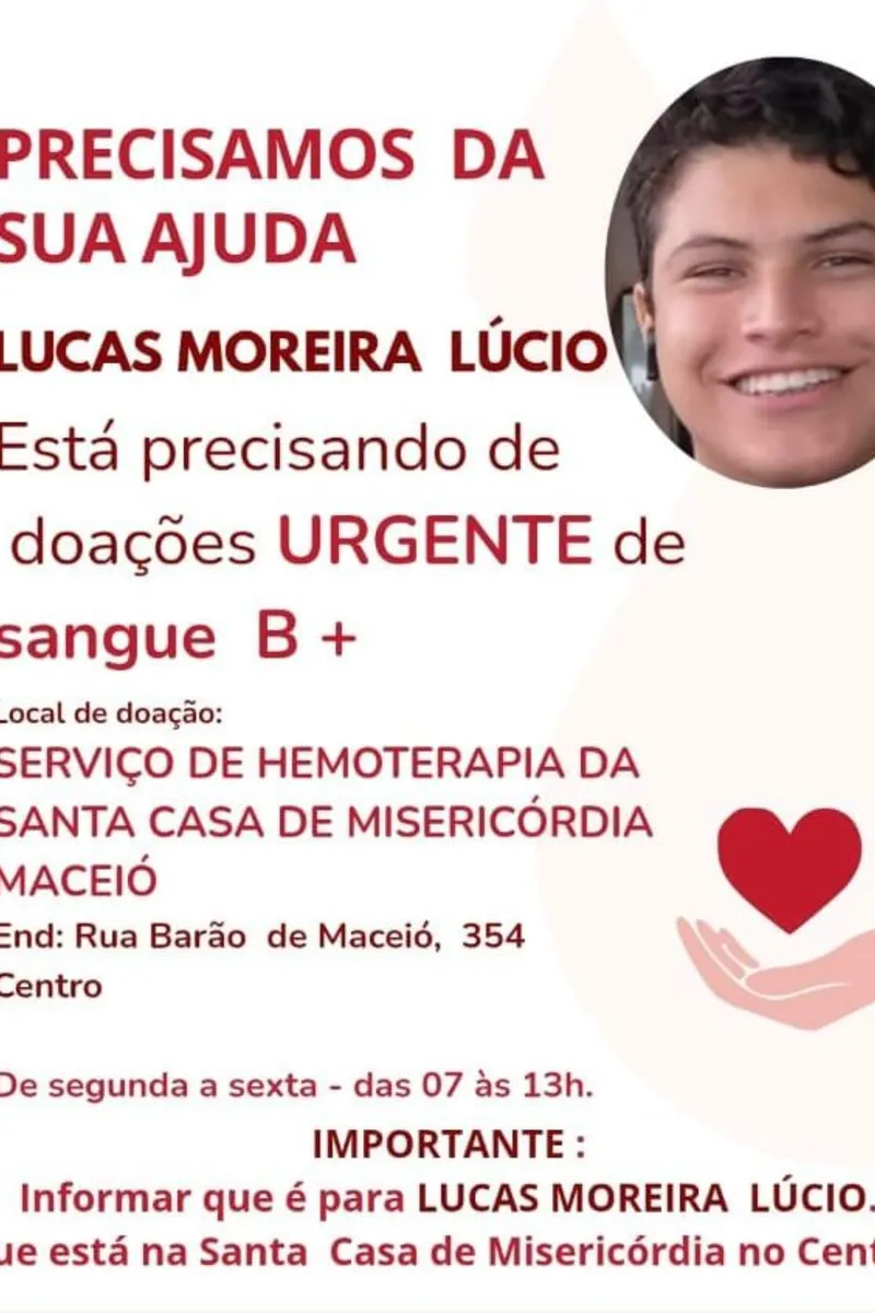 Jovem internado na Santa Casa pede urgente doação de sangue B+ para cirurgia