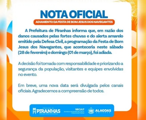 Festa de Bom Jesus dos Navegantes é adiada após chuvas em Piranhas