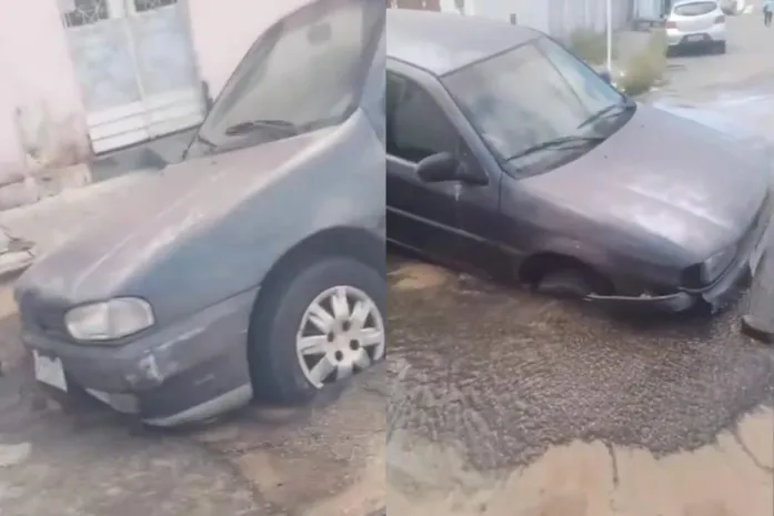 Parte dianteira de carro é 'engolida' por asfalto após vazamento na Pajuçara, em Maceió