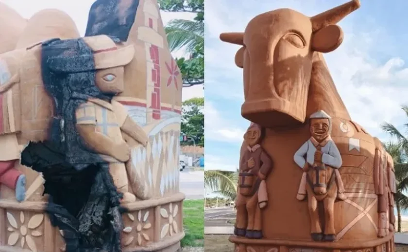 Escultura de boi-bumbá é danificada por incêndio na Avenida da Paz