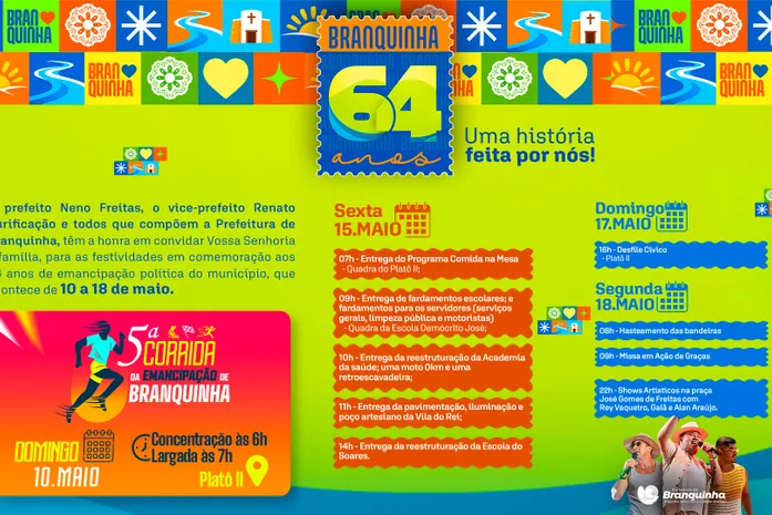 Prefeitura de Branquinha anuncia programação dos 64 anos de emancipação política
