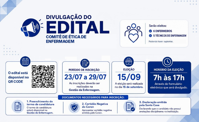 Santa Casa abre inscrições para Comissão de Ética de Enfermagem