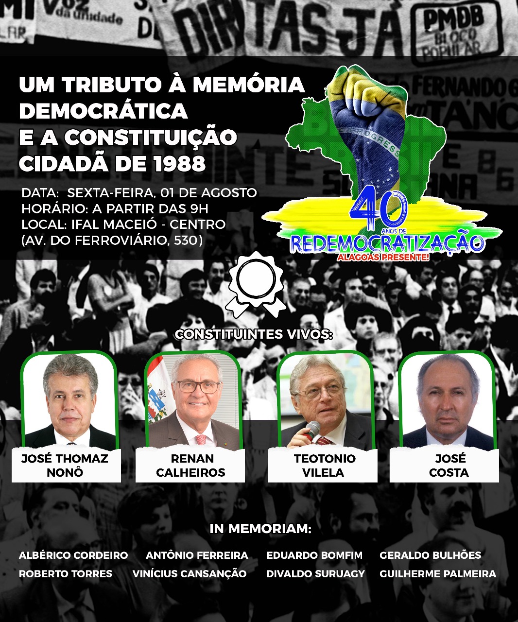 Renan Calheiros confirma presença em ato pela redemocratização em Maceió