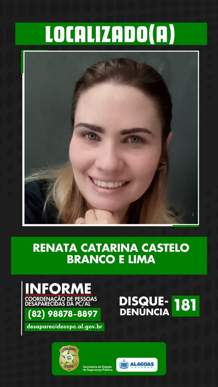Filha de ex-prefeito de Porto Calvo é encontrada com vida em Maceió