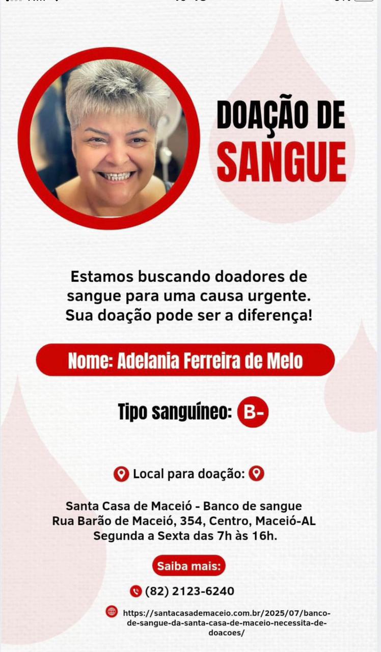 Mulher precisa de doação de sangue em Maceió