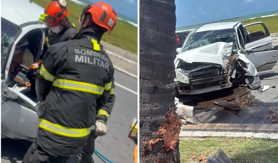 Carro colide contra coqueiro e motorista fica preso às ferragens na Av.﻿ Assis Chateaubriand