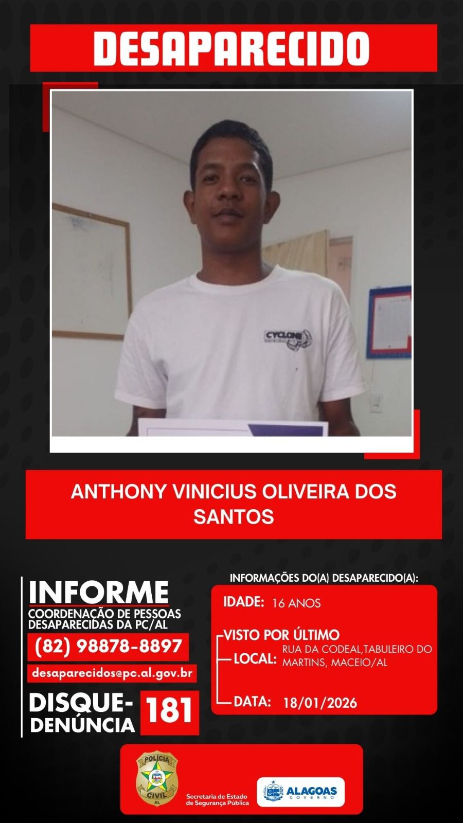 Polícia encontra cabeça de adolescente desaparecido em Maceió
